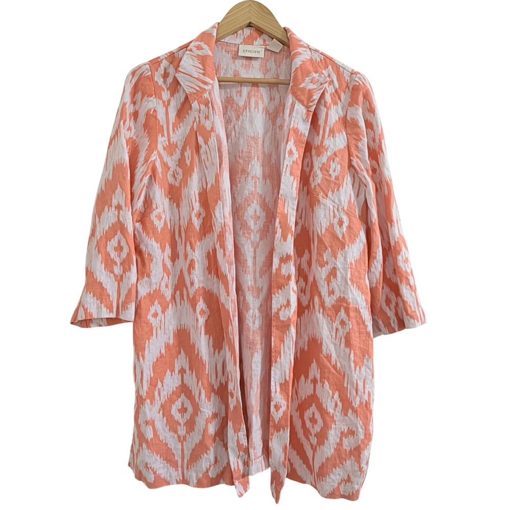 Chico's Orange White Ikat Linen Open Front Topper Jacket Size 1 M 3/4 Sleeve